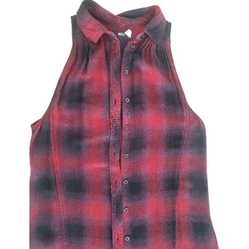 BDG Burgundy and Black Plaid Extra Long Sleeveless Button Up Shirt Dress XS 90s